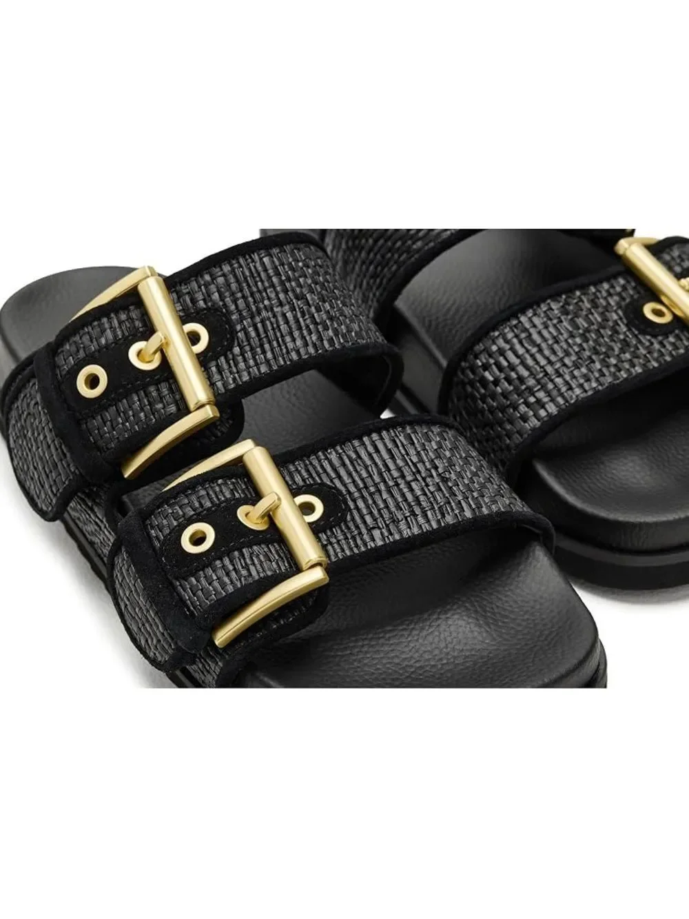 AllSaints Black Woven Double-Strap Slides with Metallic Buckles SB9